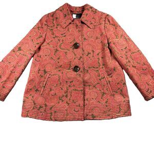 Talbots Petites Women Jacket Paisley Stretch Button Up Coat Blazer Orange Medium